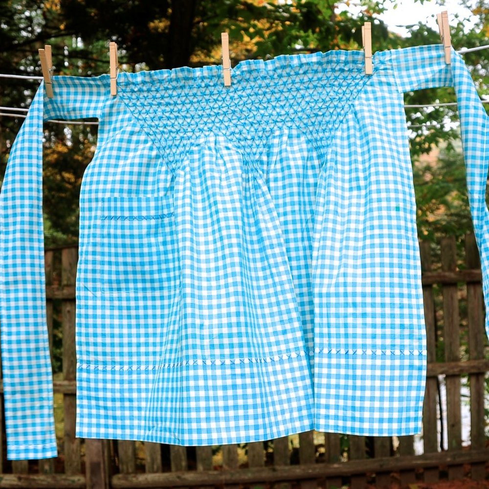 Vtg Teal Blue Gingham Check Apron Smocked Waist